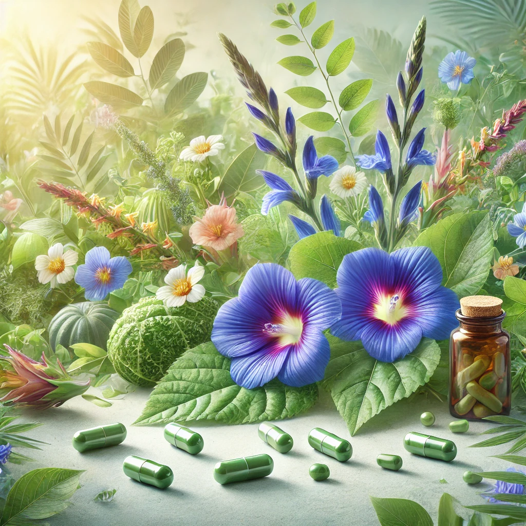 Herbal Capsules. Blue Pea Flowers. Pretty Sunset Scene